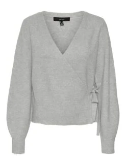 Vero Moda Eleganter Feinstrick Cardigan Strickjacke In Wickeloptik VMSIMONE In Grau-2